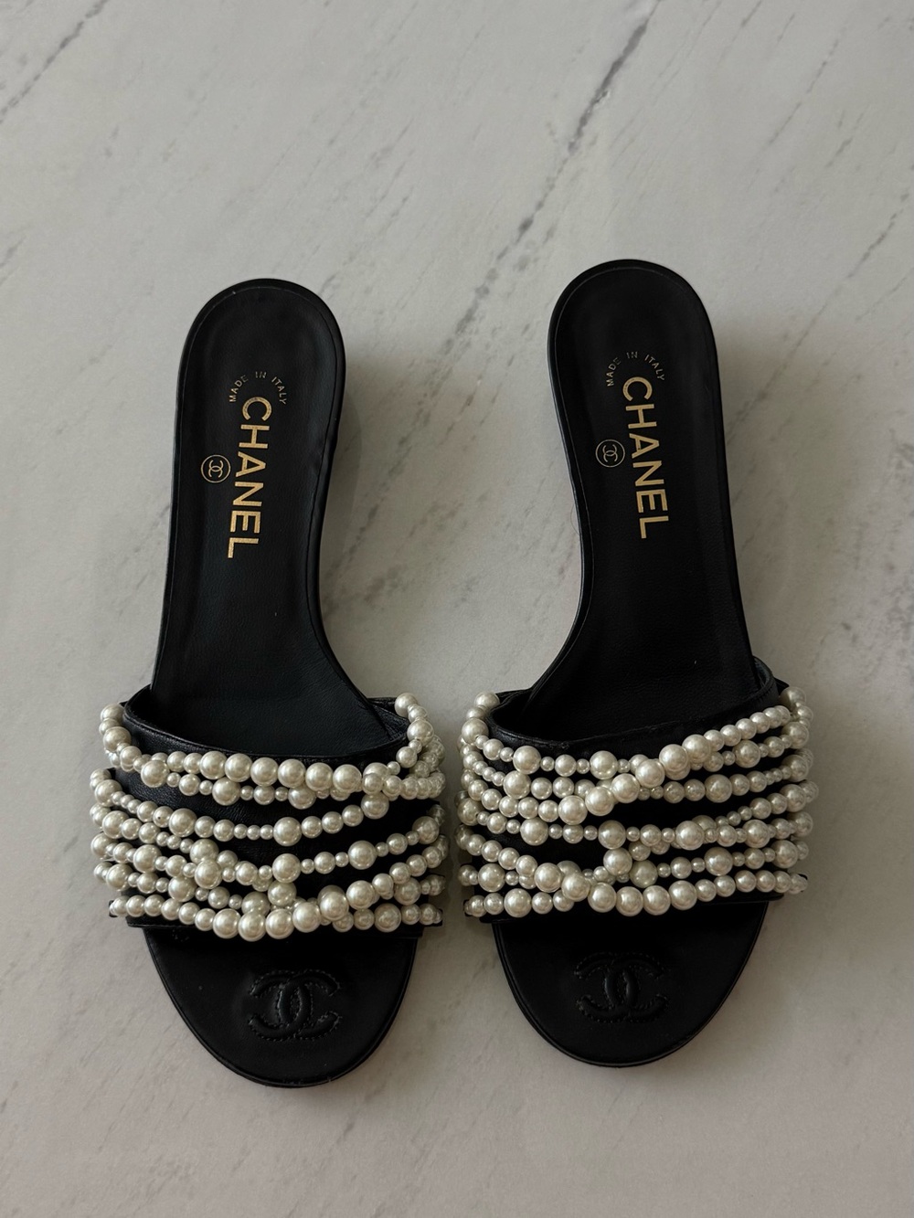 CHANEL Black Pearl-Strand Slide Sandals in leather